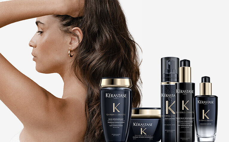 Kerastase Chronologiste model with anti-aging hair care products