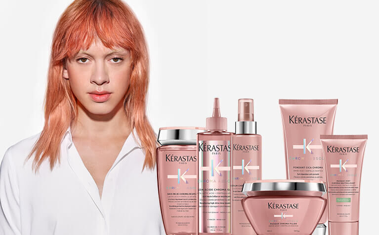 Kerastase Chroma Absolu model with products for colour-treated hair