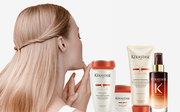 Kerastase Nutritive model with products for dry hair.