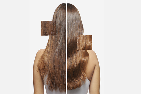 Before / After of the contemplated results after using Elixir Ultime hair oil on natural brown hair, blonde lightened hair, and curly hair.